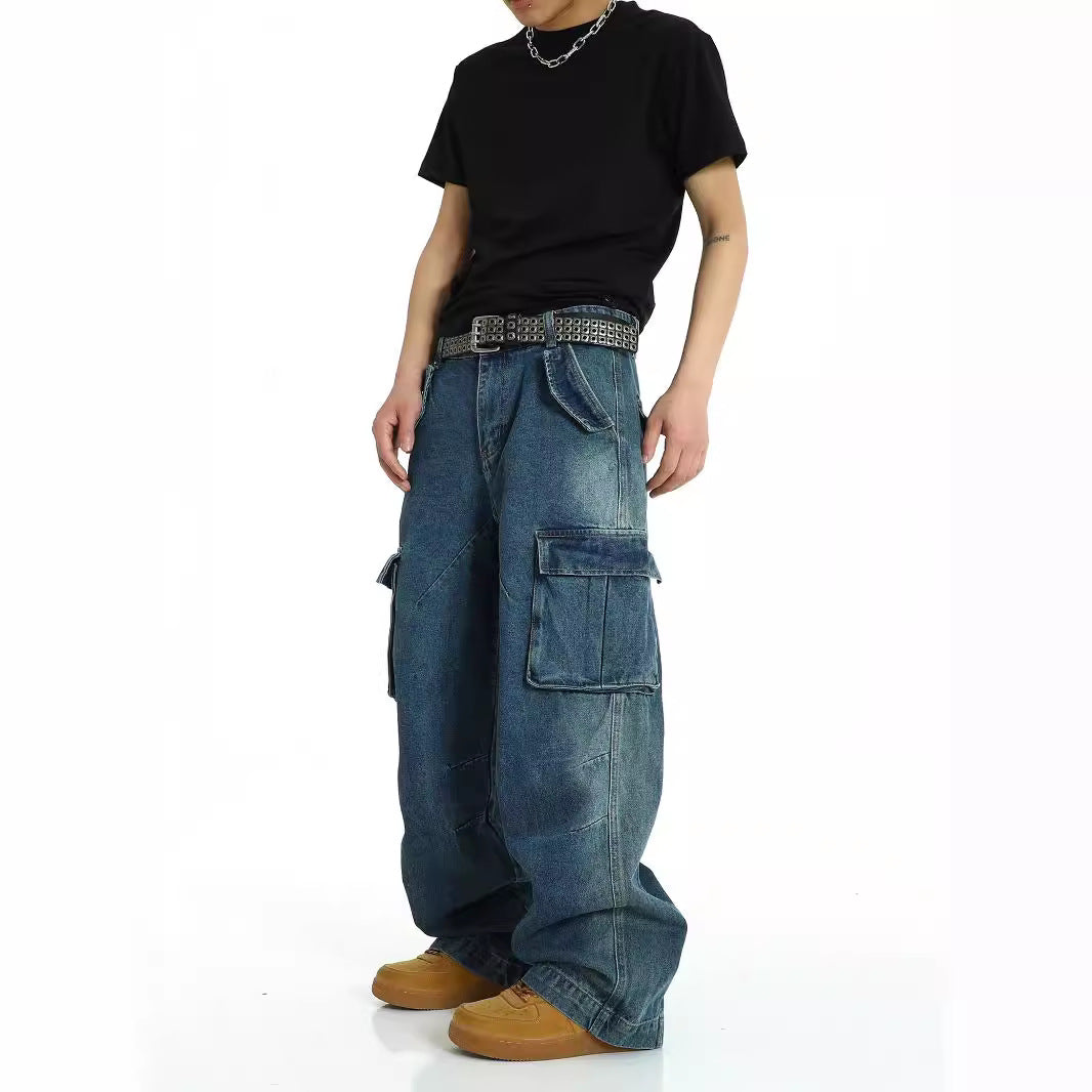 American Retro Multi Pocket Heavy-Duty Jeans for Men - Washed Street Hip-Hop Work Pants
