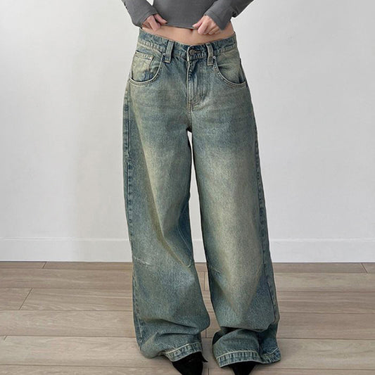 Loose Solid Color Minimalist Washed Denim Jeans