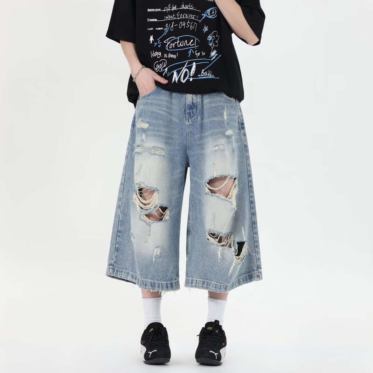 Ripped Denim Loose Washed Distressed Wide Leg Shorts