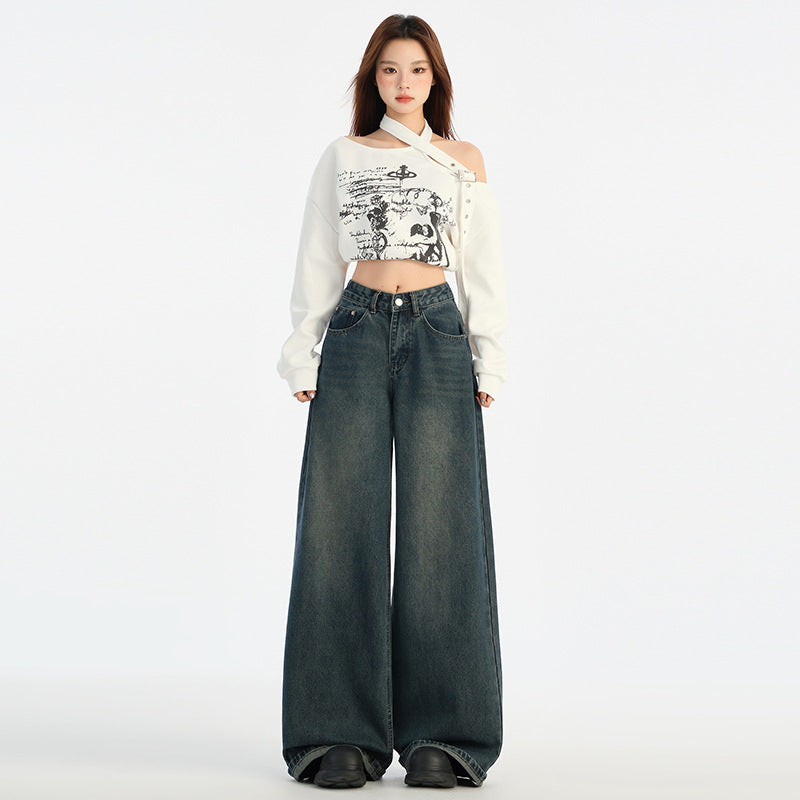 Vintage Wide-Leg Straight Jeans for Women - High-Waist Loose Fit