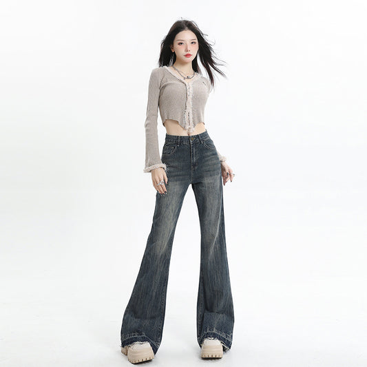 Wide Leg Flared Pants High Waist Long Length Loose Fit Raw Hem Denim Jeans for Women
