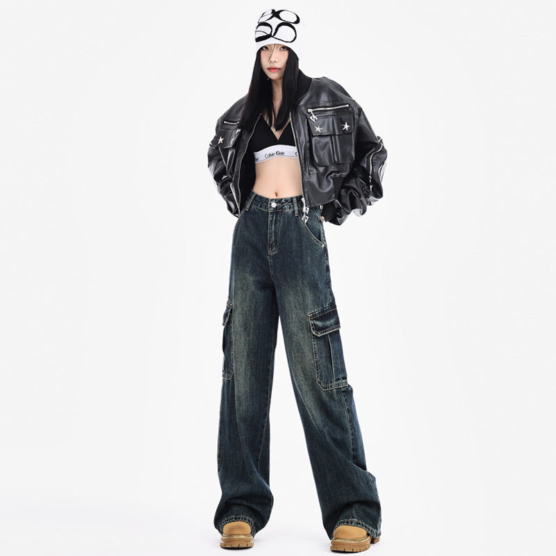 Women's High-Waisted Wide-Leg Jeans - Tall Vintage Loose Casual Cargo Pants