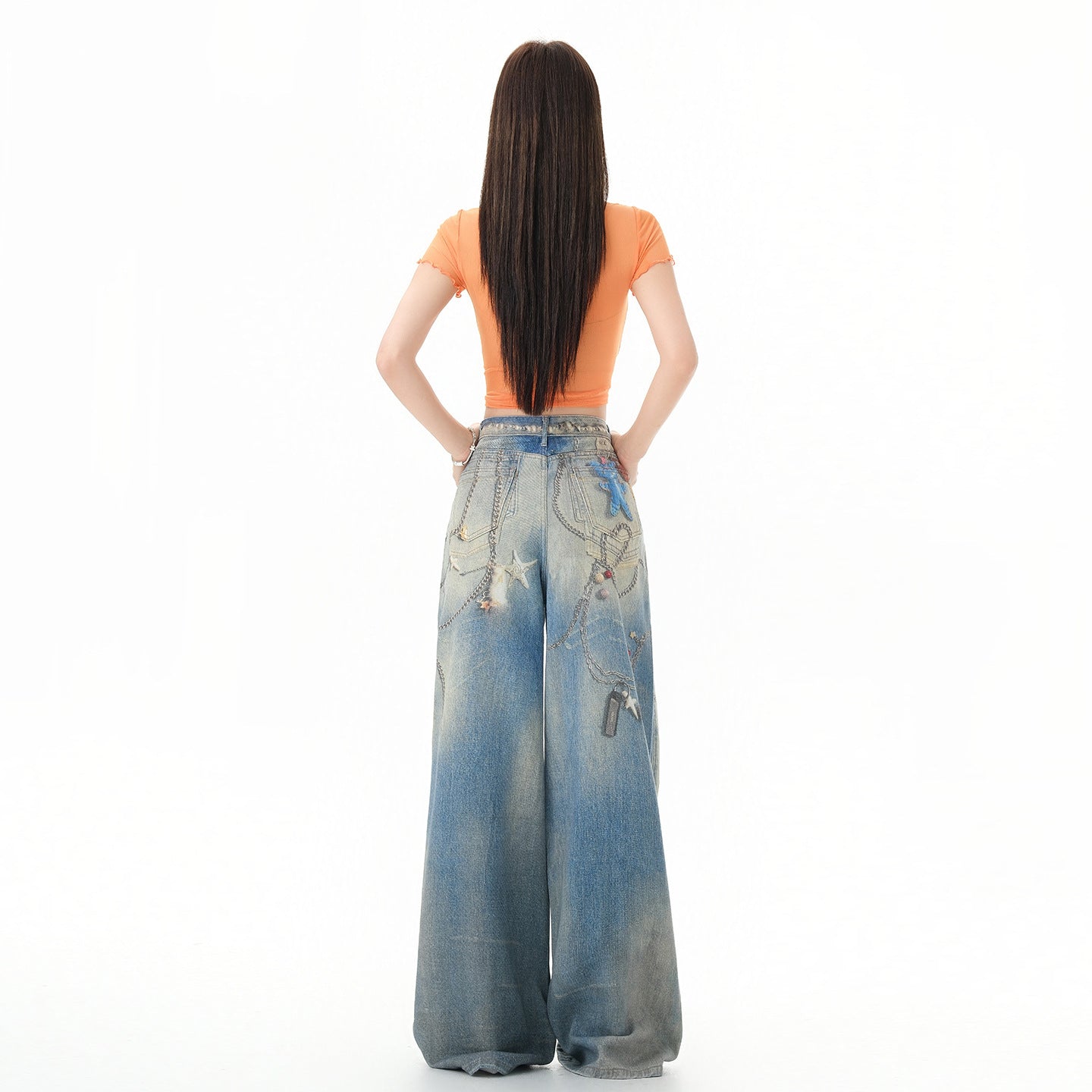 Women's Chain Print Denim Pants - Casual Hip-hop Style Loose Wide Leg Tapered Fit