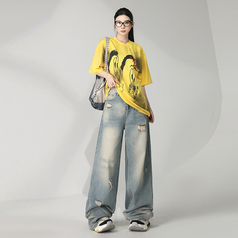 Retro Distressed Washed Ripped Jeans for Women - Loose High Waist Slim Wide Leg Floor-Length Pants