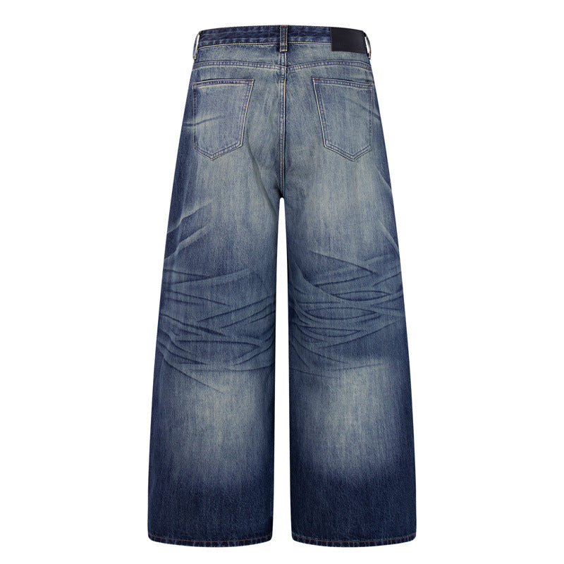 Vintage High-Quality Denim Pants for Men - Washed Gradient Distressed Wide-Leg Style