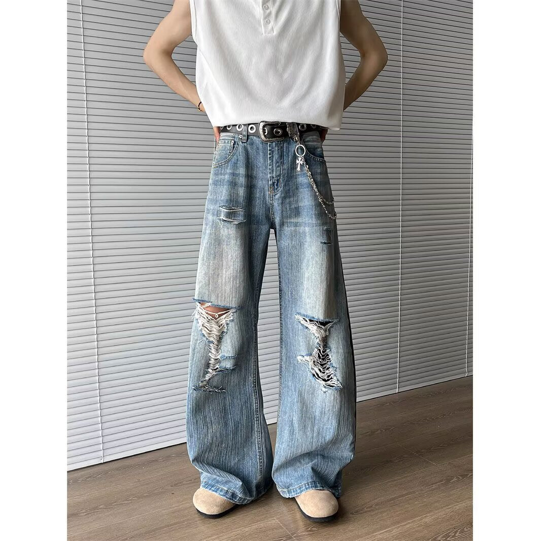 Retro Straight Tube Loose Fit Distressed Bamboo Texture Wide Leg Pants