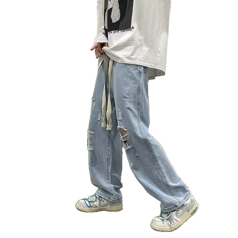 Men's Ripped Summer Jeans - Thin Fit Loose Straight Wide Leg