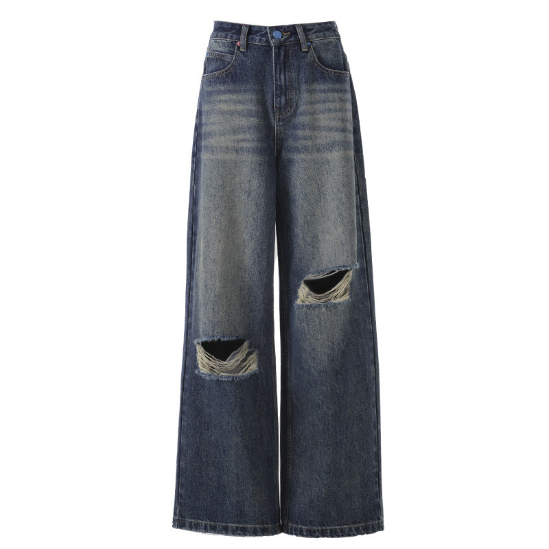 Women's Pocket Print High Waist Wide Leg Pants - Summer Slimming Distressed Denim Trousers