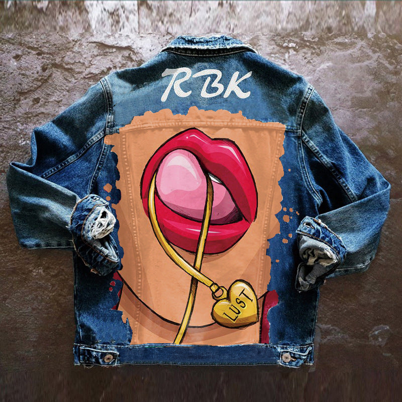 Women's Autumn Denim Jacket with Tongue Out Print
