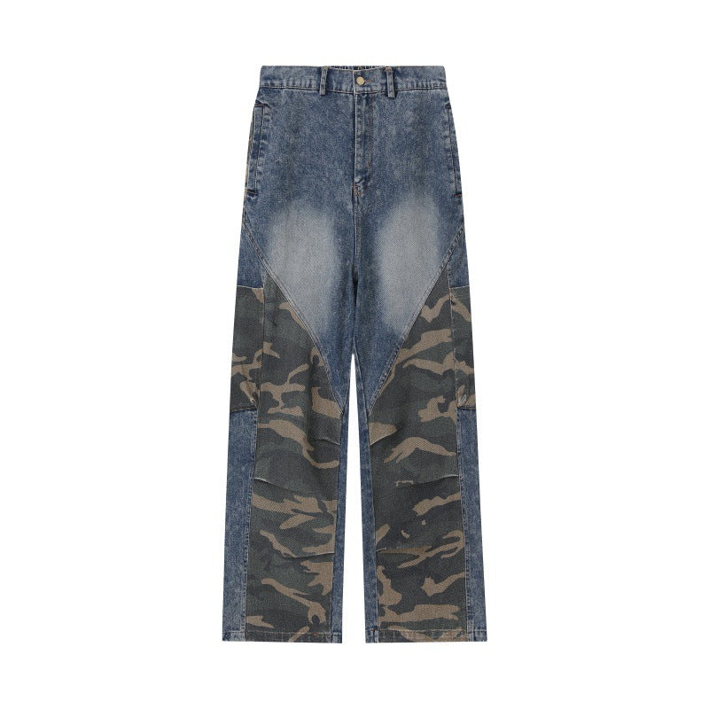 Washed Vintage Camouflage Spliced Straight Leg Wide Leg Denim Pants