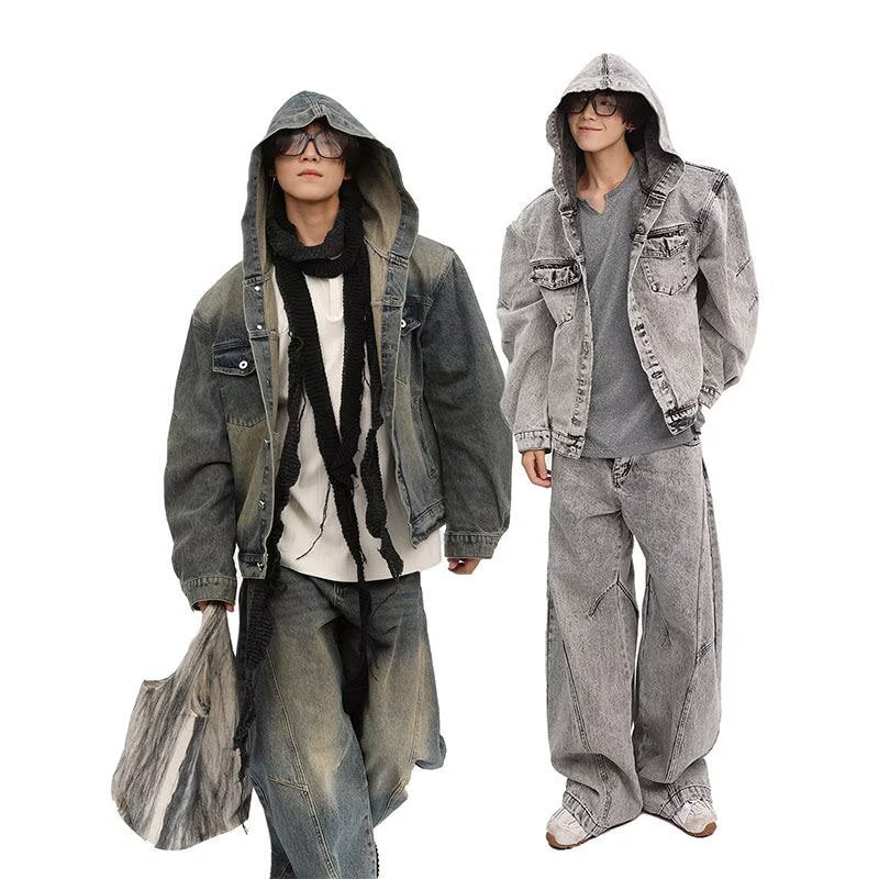 Retro Washed Distressed Deconstructed Hooded Denim Jacket for Teens