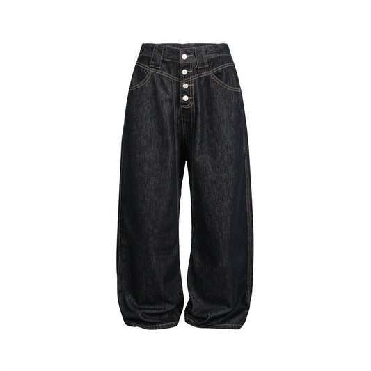 Wide Leg Jeans with Buttons - Floor Length Pants