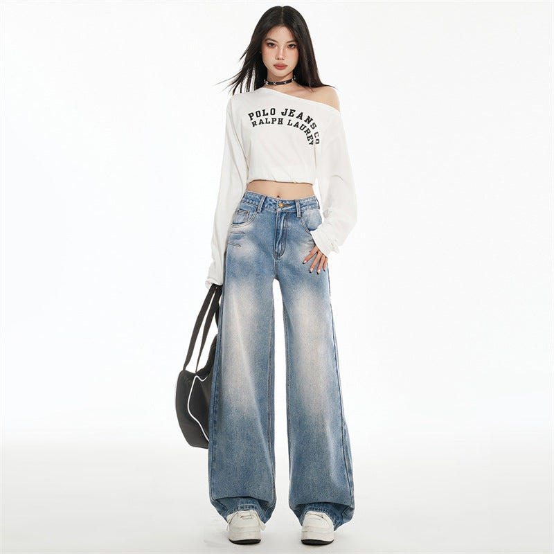 Washed Straight High Waist Jeans for Women - Slimming Embroidered Wide Leg Pants