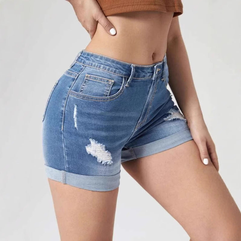 Elastic High-Waist Distressed Cuffed Denim Shorts for Women