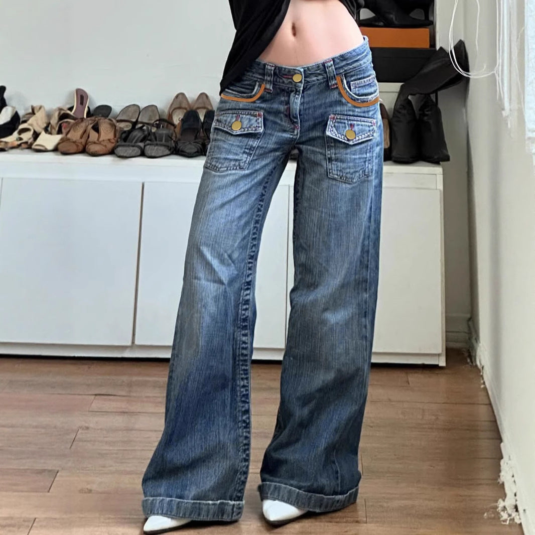Streetwear Workwear Pocket High-Waisted Straight Leg Jeans