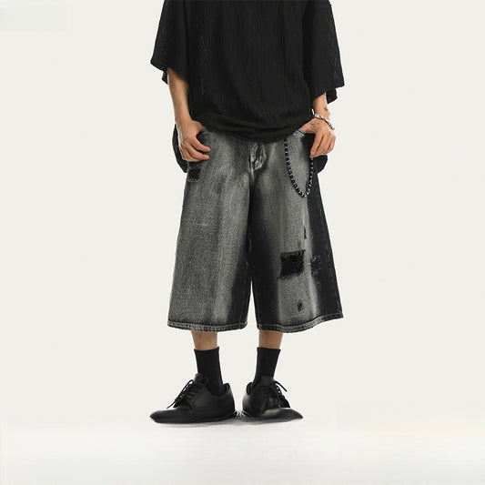 Men's Retro Ripped Denim Shorts - Black