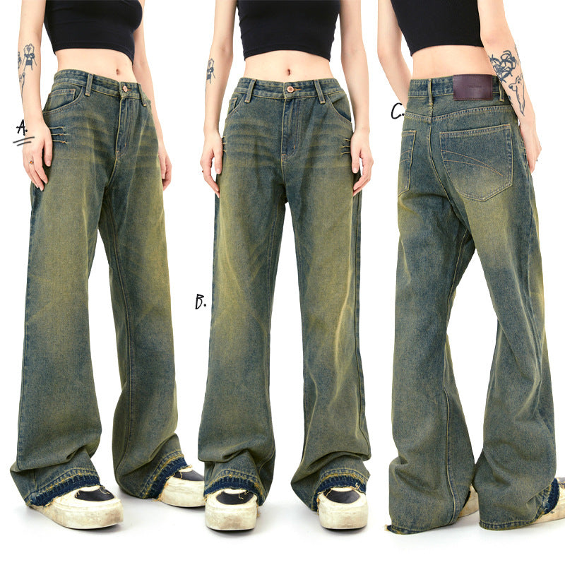 Washed Distressed Wide-Leg Long Jeans with Cuffed Hem