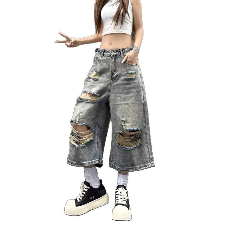Light Colored Perforated Straight Leg Denim Cropped Pants for Women