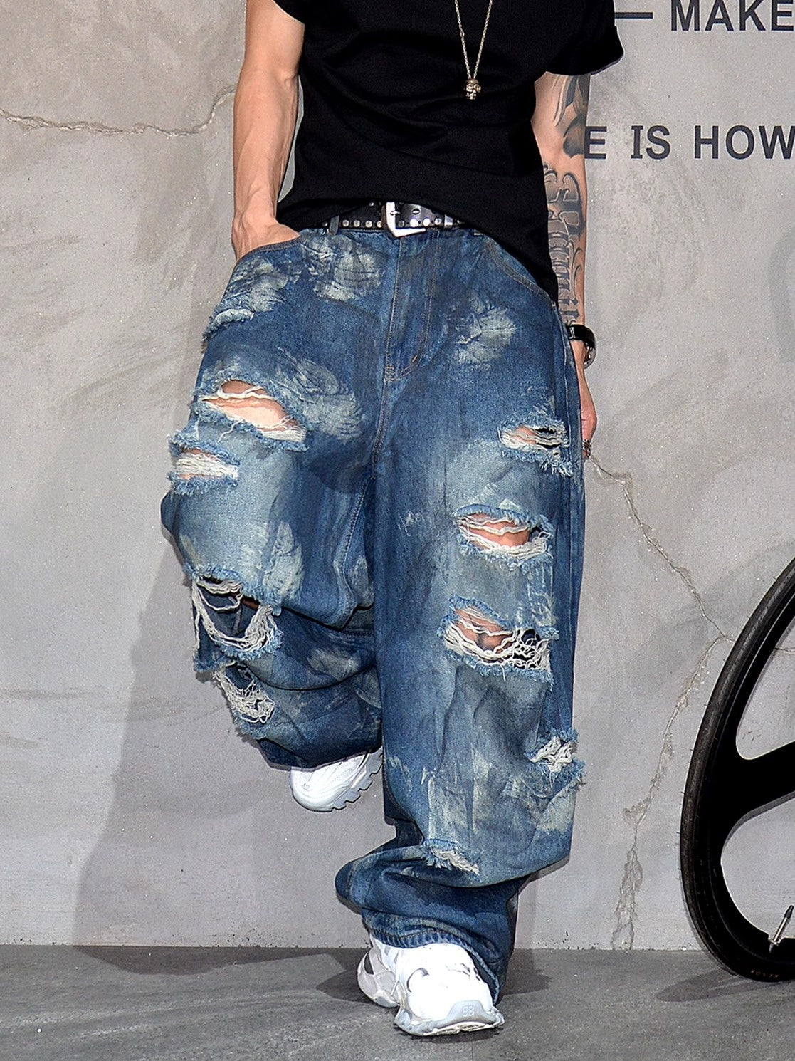 Retro Distressed Heavy-Duty Wide Leg Loose Jeans