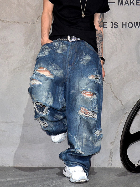 Retro Distressed Heavy-Duty Wide Leg Loose Jeans