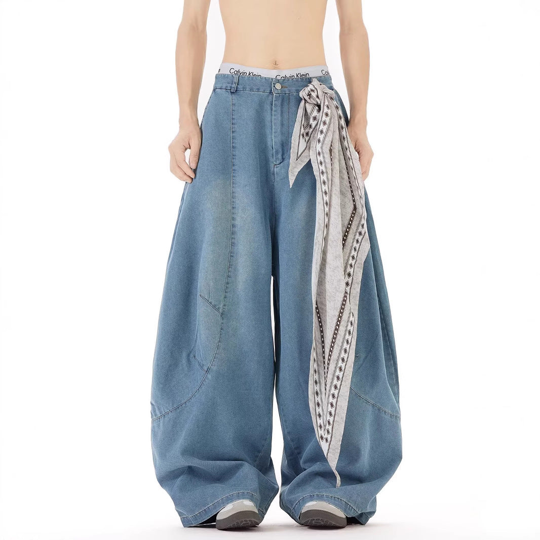 Square Scarf Deconstruction Silhouette Curved Knife Denim Wide Leg Pants