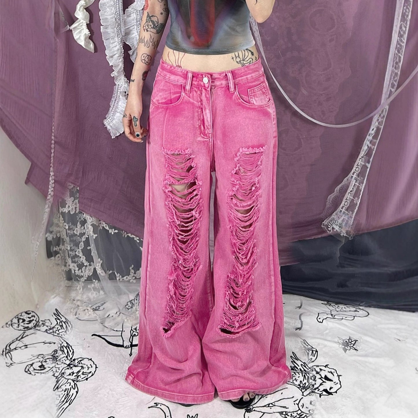 Perforated Hollowed Out Low Waisted Jeans for Women