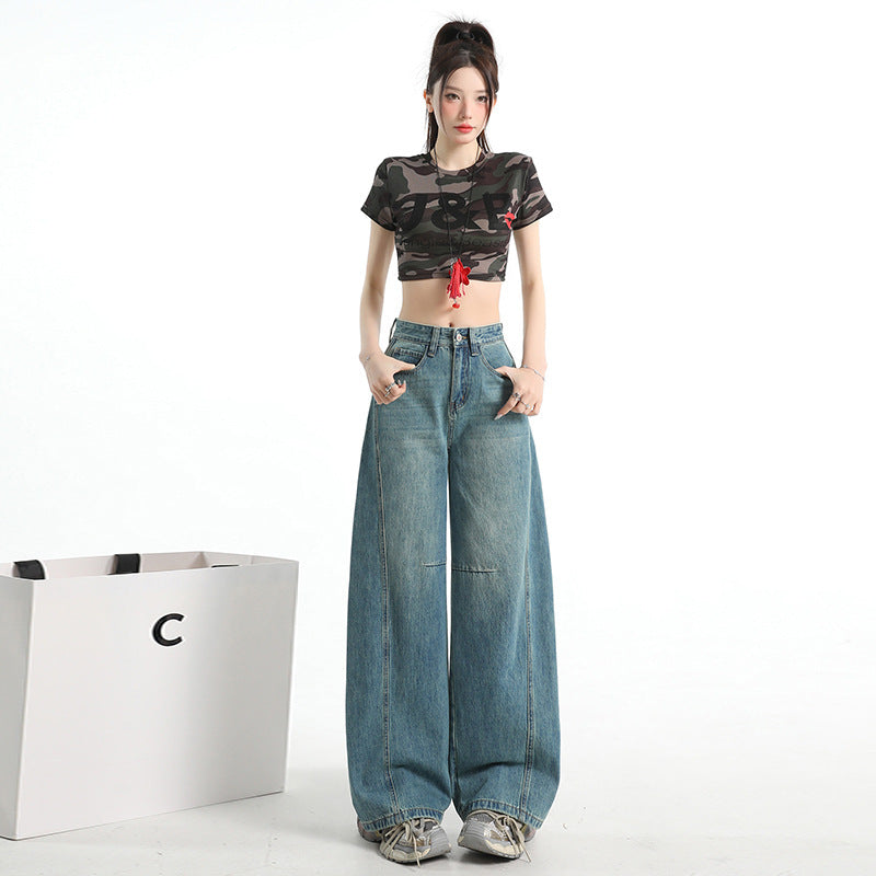 Vintage Blue High Street Loose Wide Leg Jeans for Women - Unique Patchwork Design