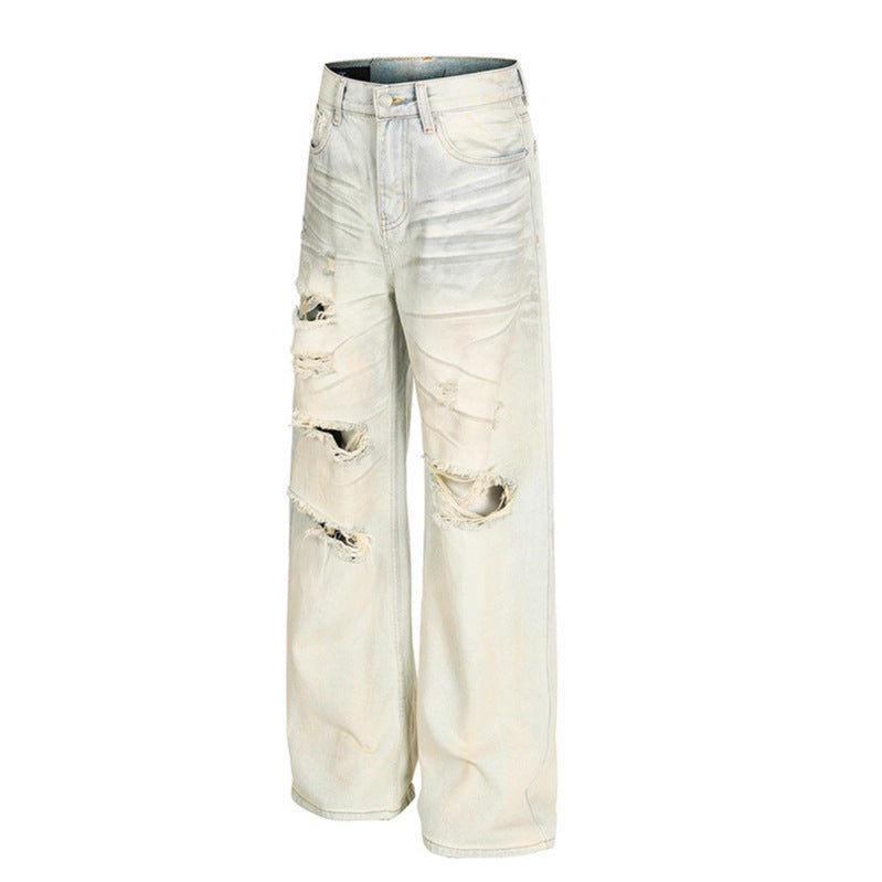 Dirty Dyed Ripped Denim Jeans - Mid Waist, Loose Fit