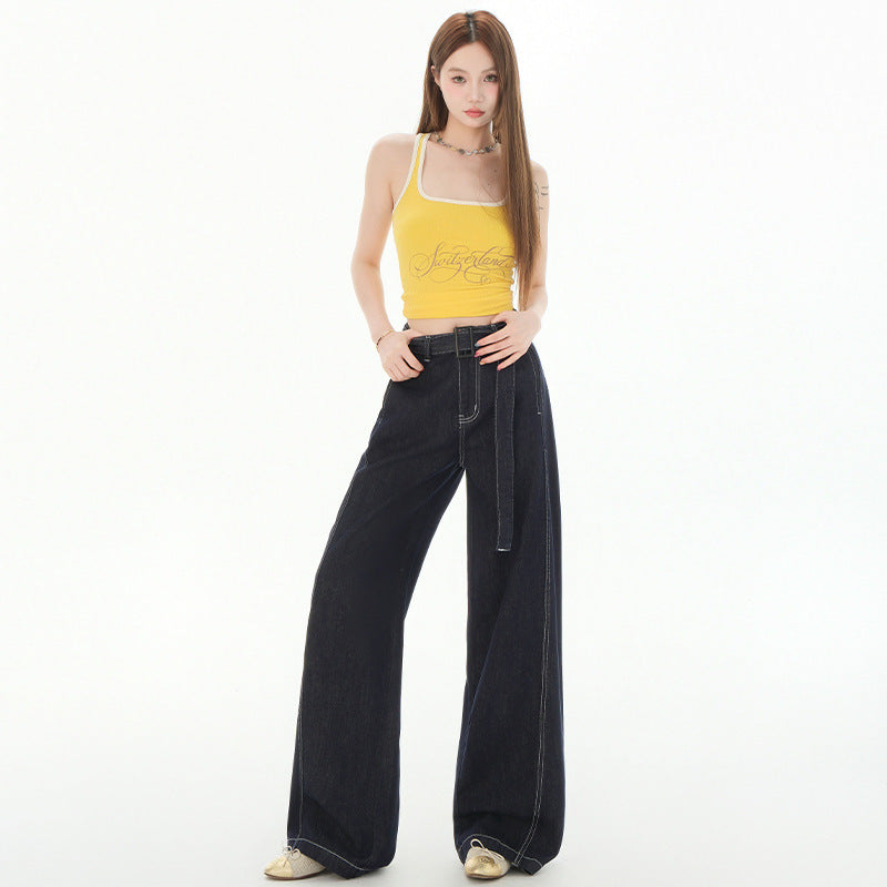 Women's Denim Blue High-Waisted Wide-Leg Knife-Edge Pants