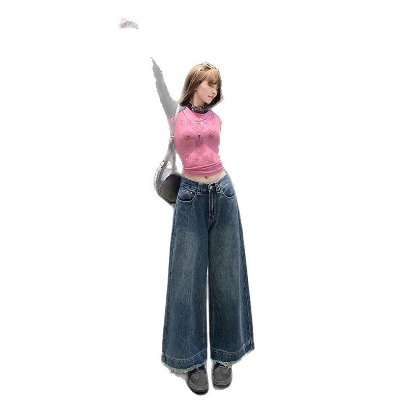 Retro Denim Ankle-Length Pants for Women - High Waist Loose Straight Leg Trousers