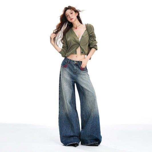 Loose Wide-Leg Denim Pants for Women with Vintage Embroidery and Stud Details