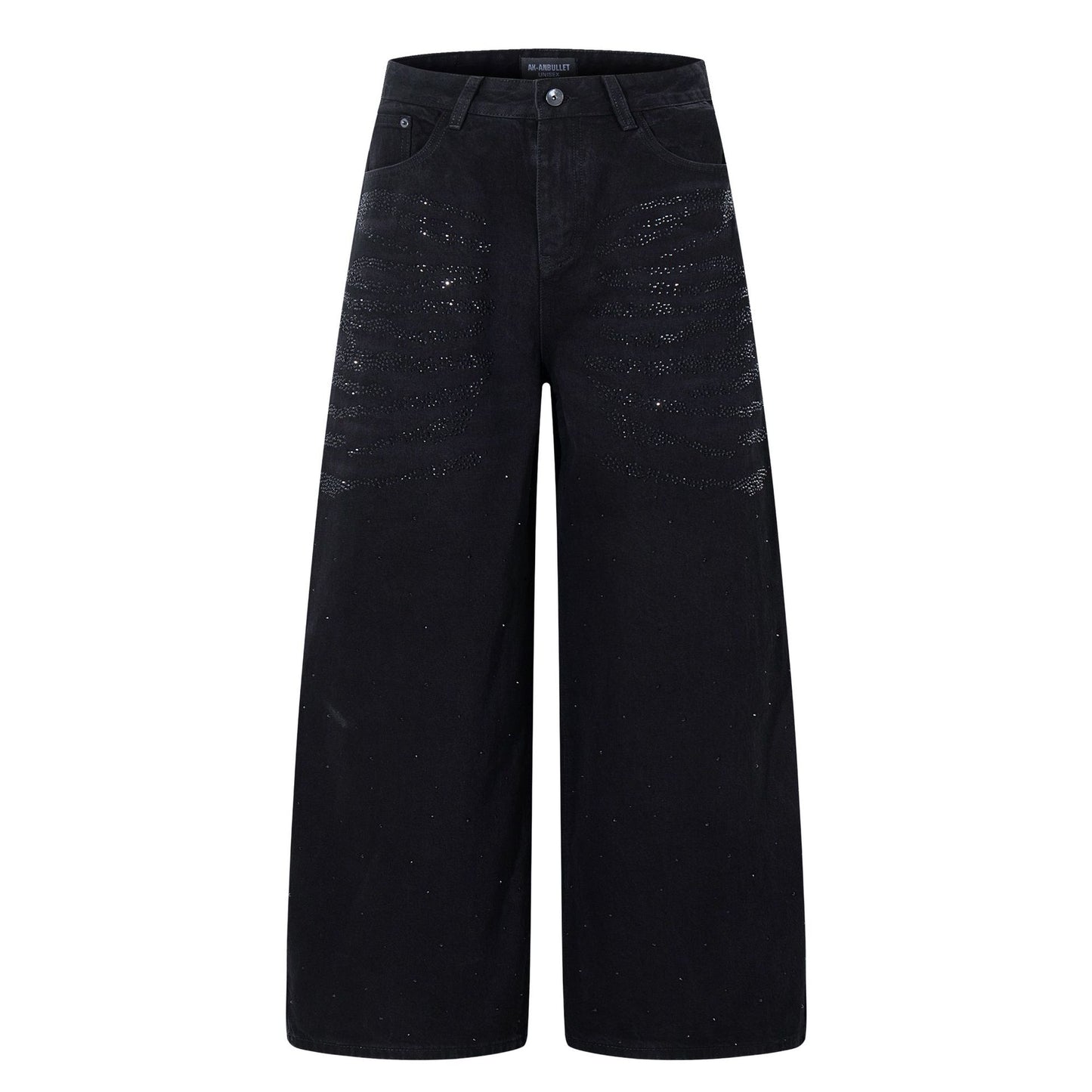 Washed Rhinestone Design Denim Pants with Loose Wide Legs
