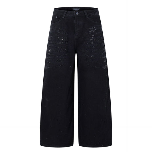 Washed Rhinestone Design Denim Pants with Loose Wide Legs