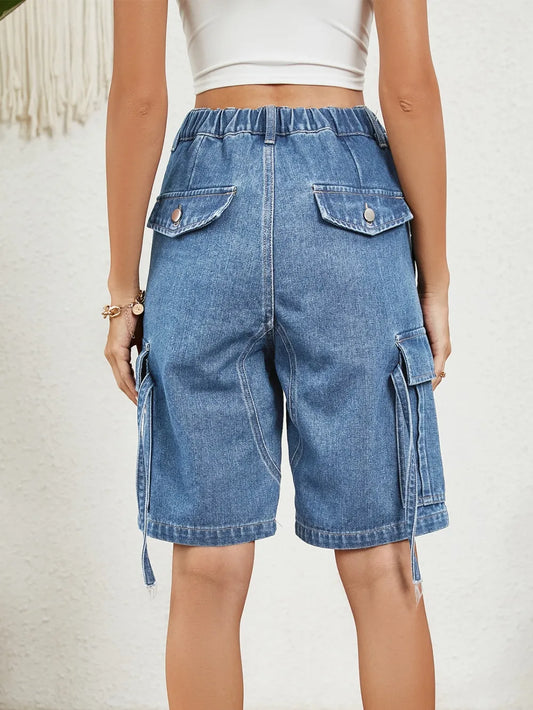 High Waist Denim Shorts with Pockets - Casual Chic Style
