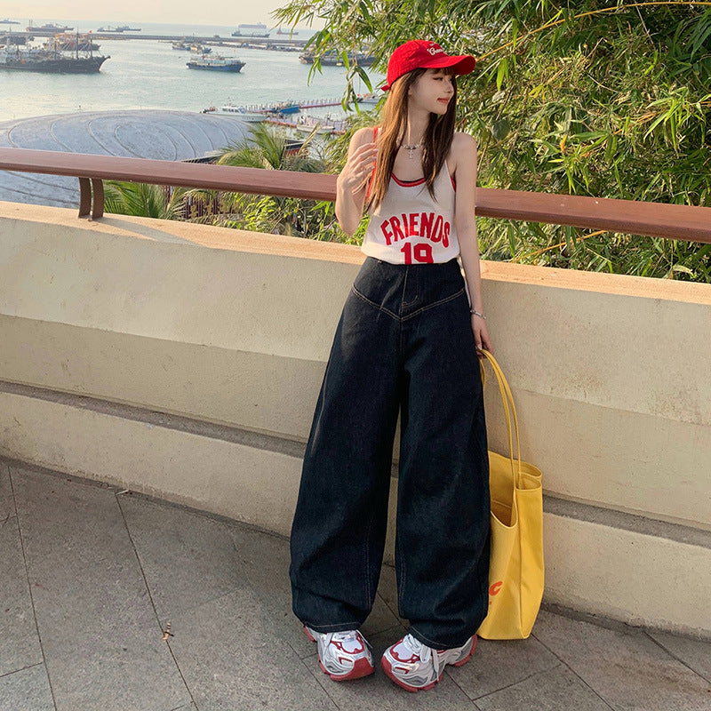 Loose Wide-Leg Jeans for Women - Casual Drop-Crotch Pants with Drapey Patchwork Design