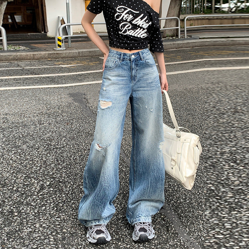 Trendy Ripped Denim Pants for Women - High Waist Loose Fit Straight Leg