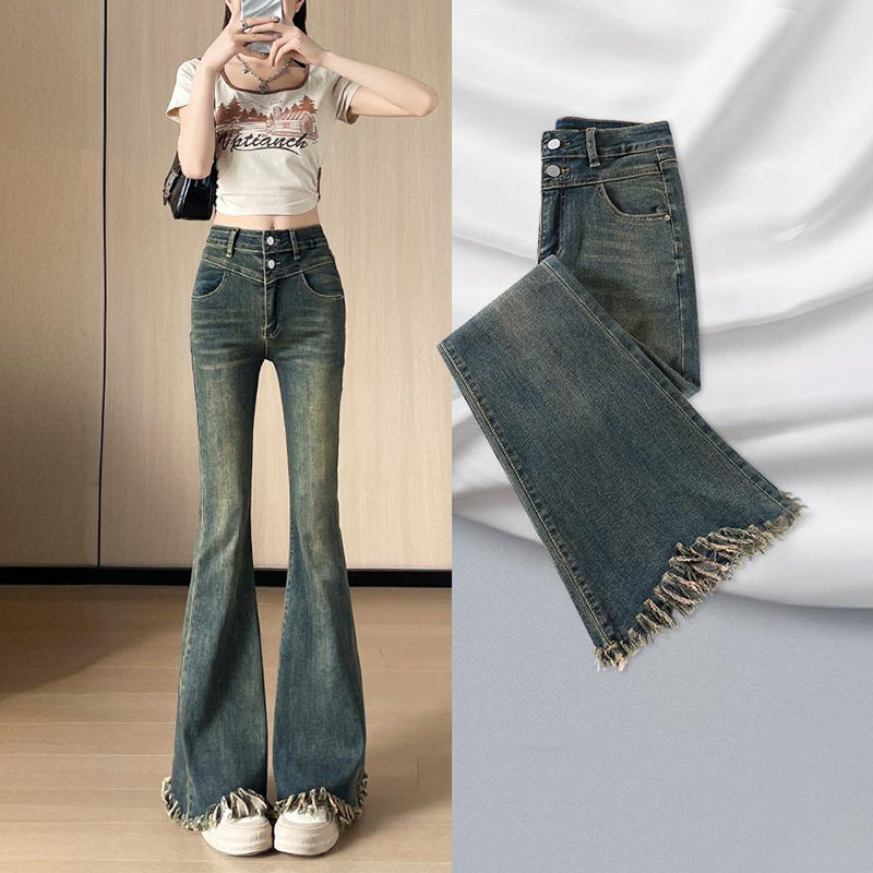 Style Double Button Flared Jeans for Women - High Waist Slimming Frayed Cuff