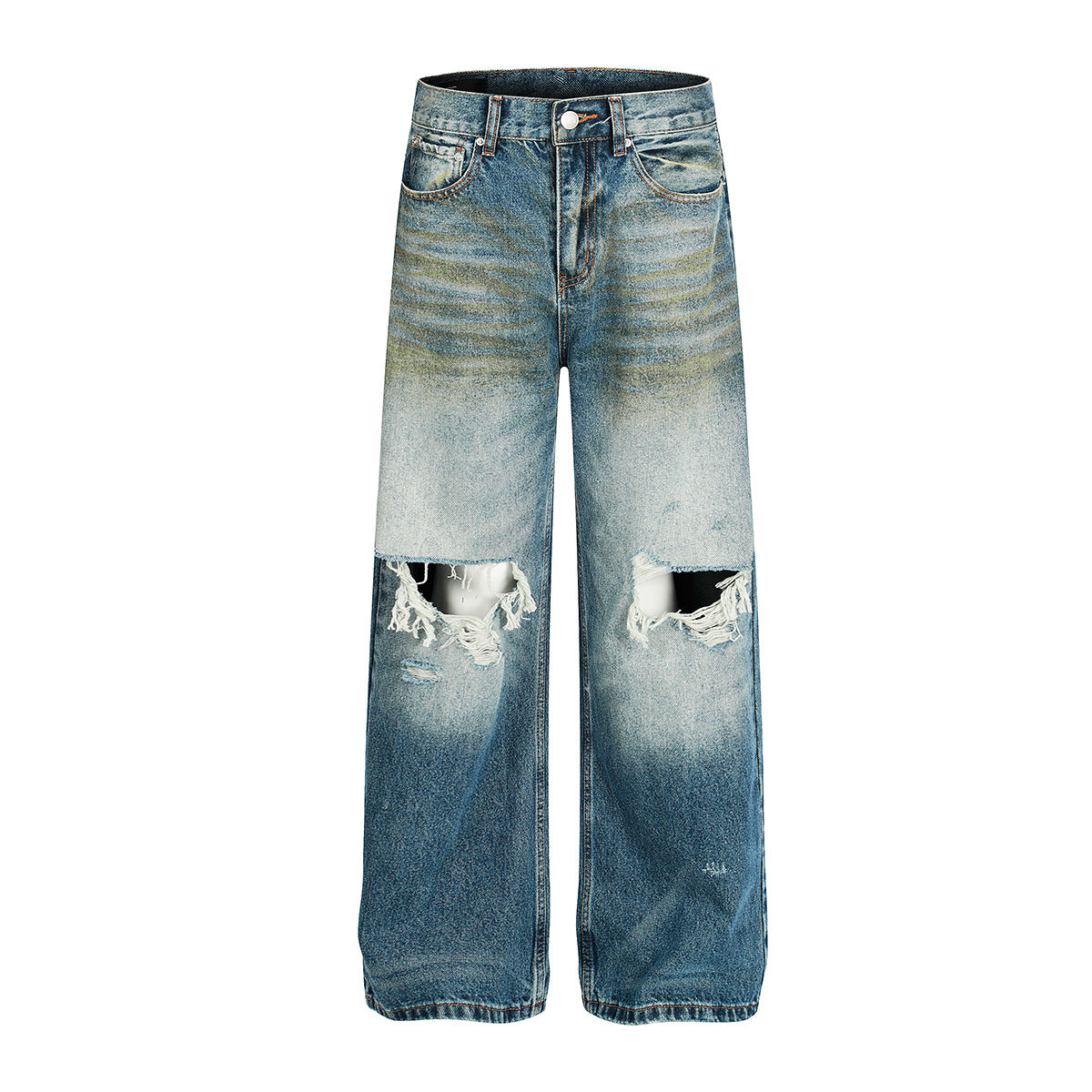 Personalized Washed Ripped Denim Straight Leg Long Pants