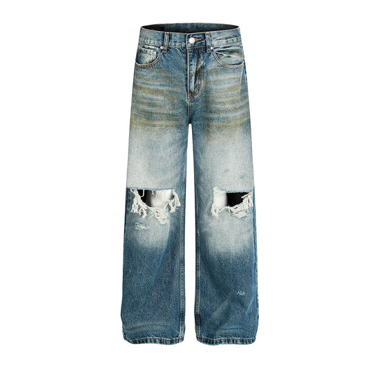 Personalized Washed Ripped Denim Straight Leg Long Pants