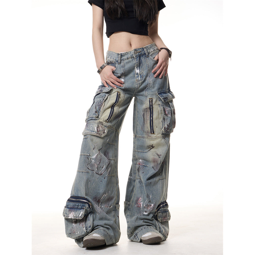 Retro Graffiti Multi Pocket Wide Leg Jeans