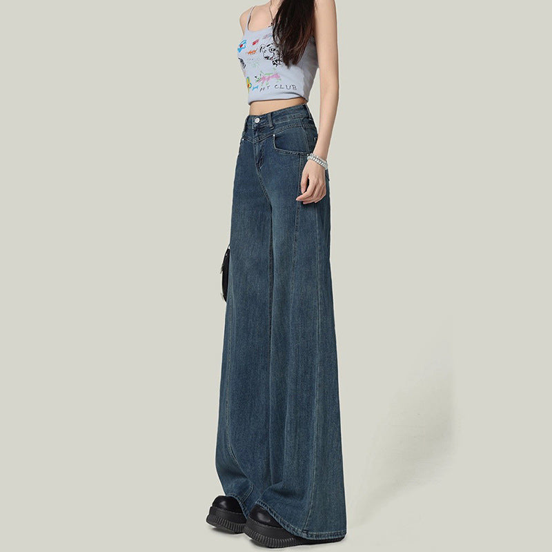 Retro Unique Wide-Leg Jeans for Women - Spring Autumn Spliced Straight Denim Pants
