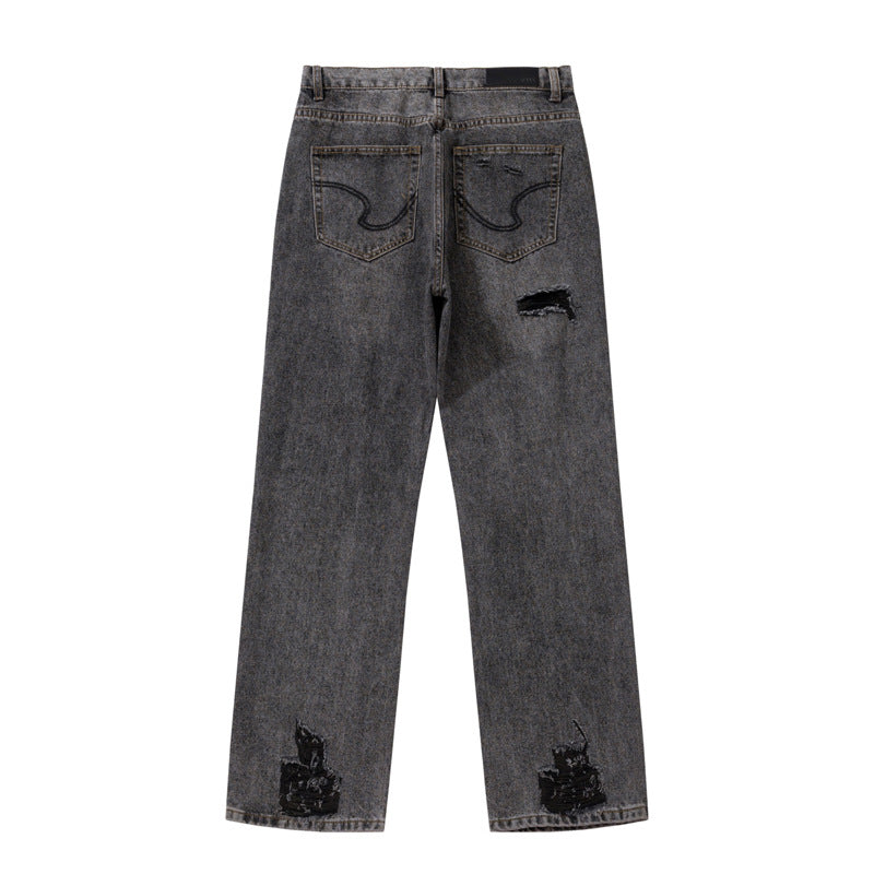 Water-Washed Black and Gray Distressed Knife-Cut Denim Pants for Unisex