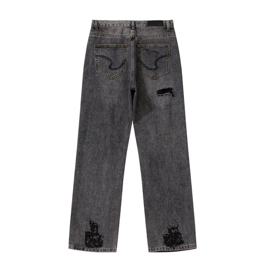 Water-Washed Black and Gray Distressed Knife-Cut Denim Pants for Unisex
