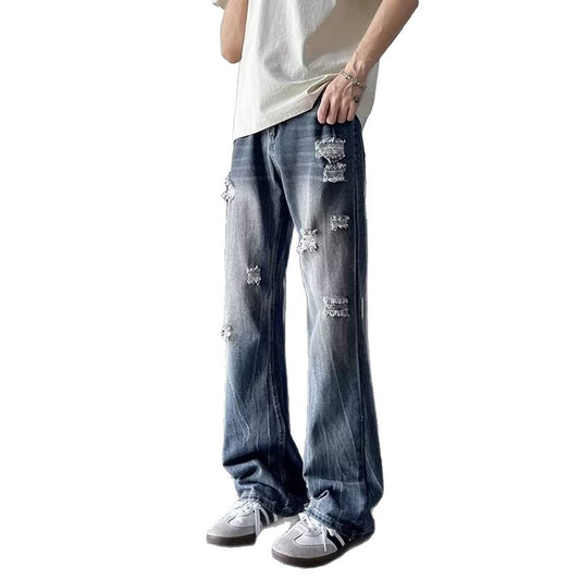 Men's Ripped Loose Straight Leg Denim Jeans