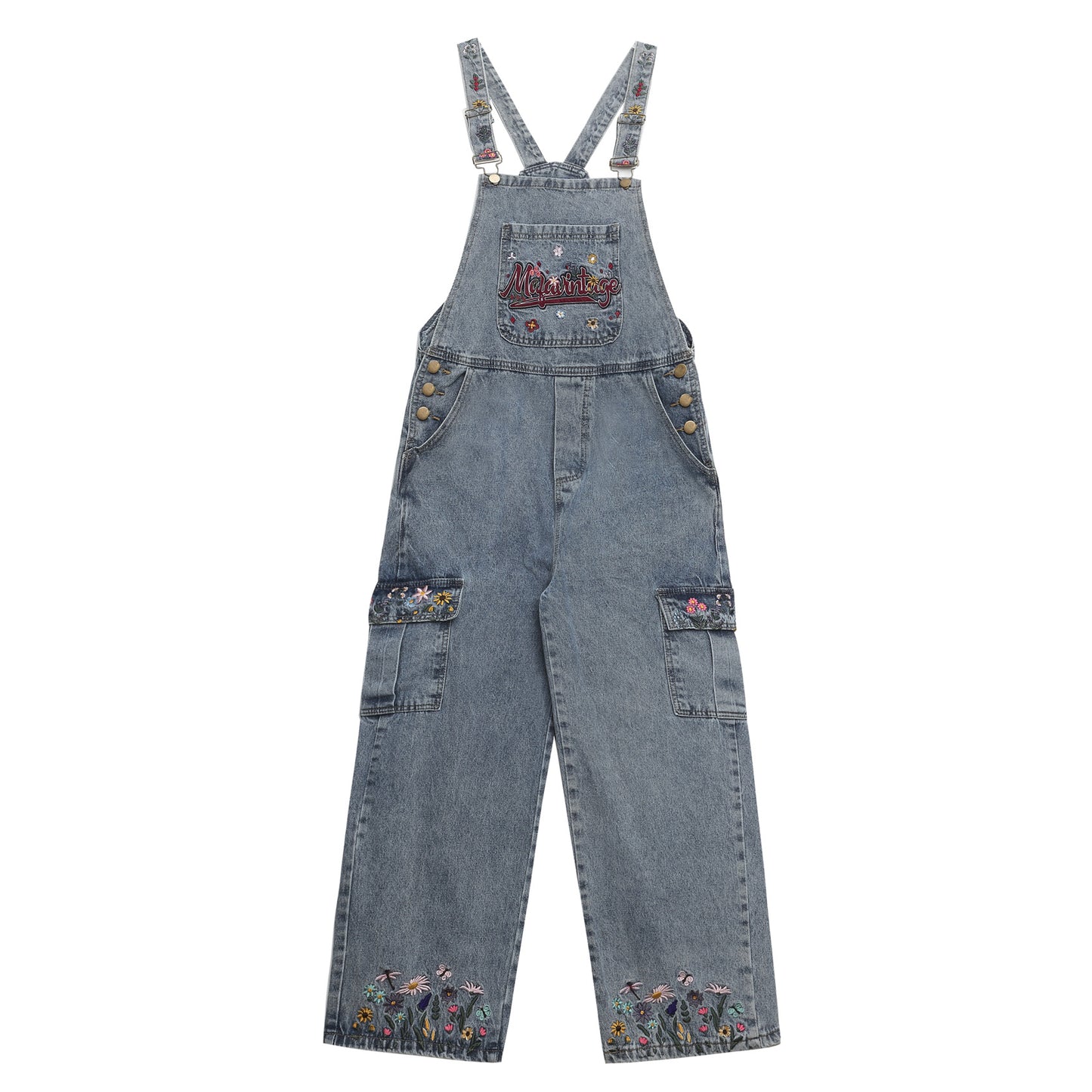 Trendy Washed Floral Letter Embroidery Denim Overalls Unisex High Street Retro Loose Jumpsuit