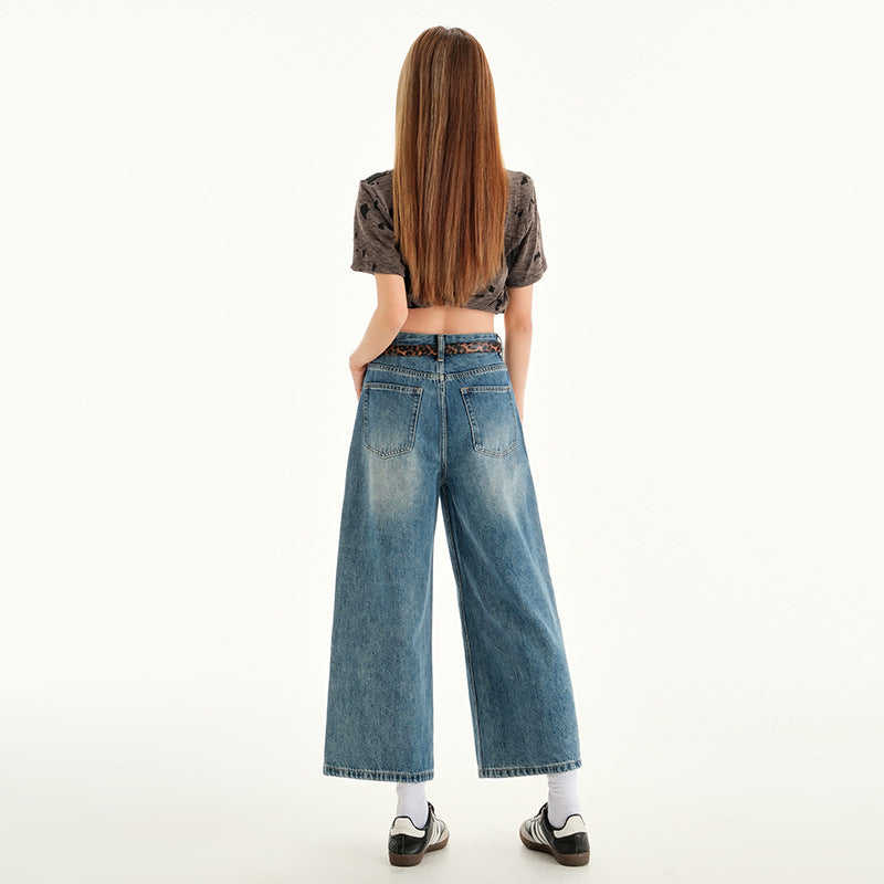 High-Waisted Wide-Leg Three-Quarter Denim Pants for Women - Vintage Washed Loose Straight Leg