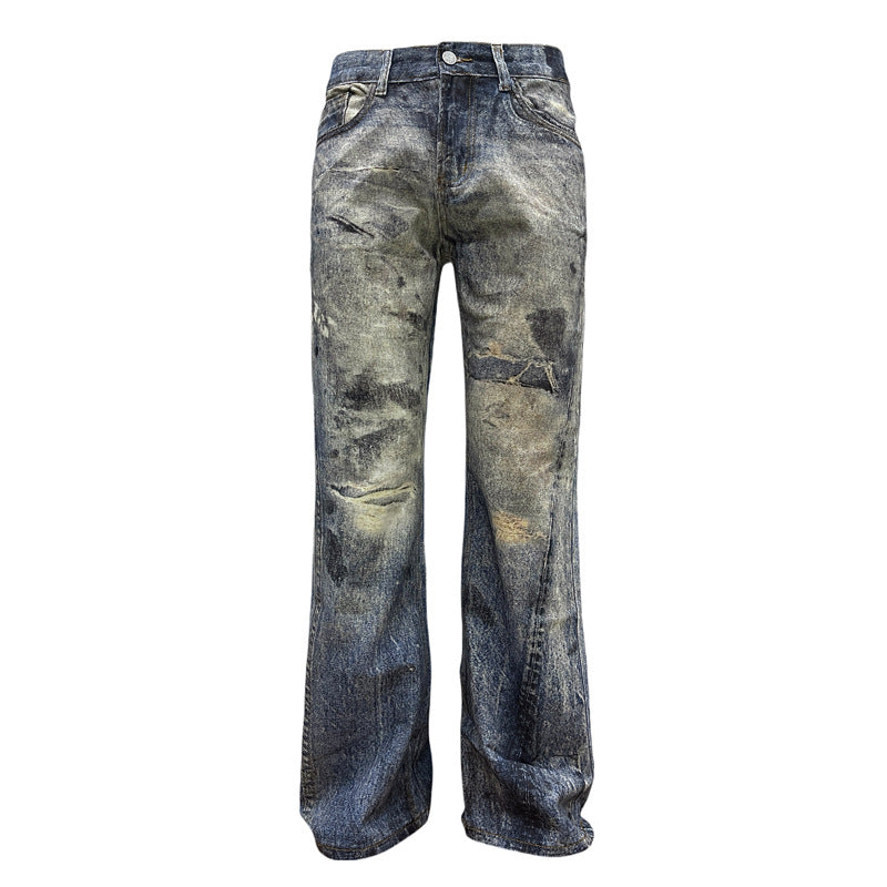 Digital Print Faded Denim Pants - Unisex Vintage Loose Straight Leg Flare Trousers