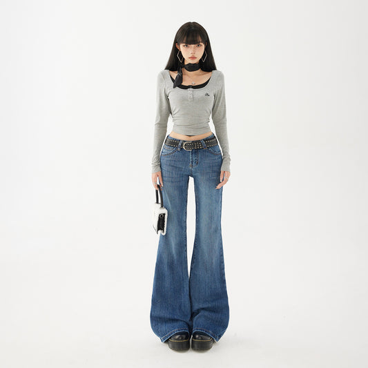 Women's Pattern Low Waist Flared Jeans - Non-Clinging Loose Trumpet Pants