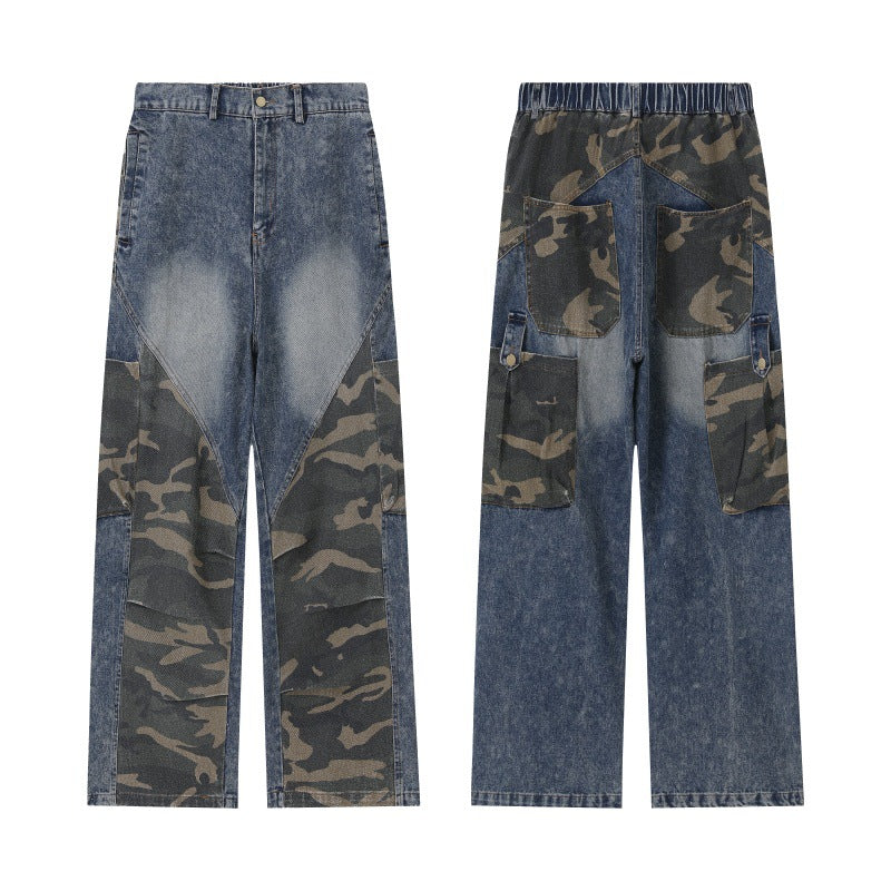 Washed Vintage Camouflage Spliced Straight Leg Wide Leg Denim Pants
