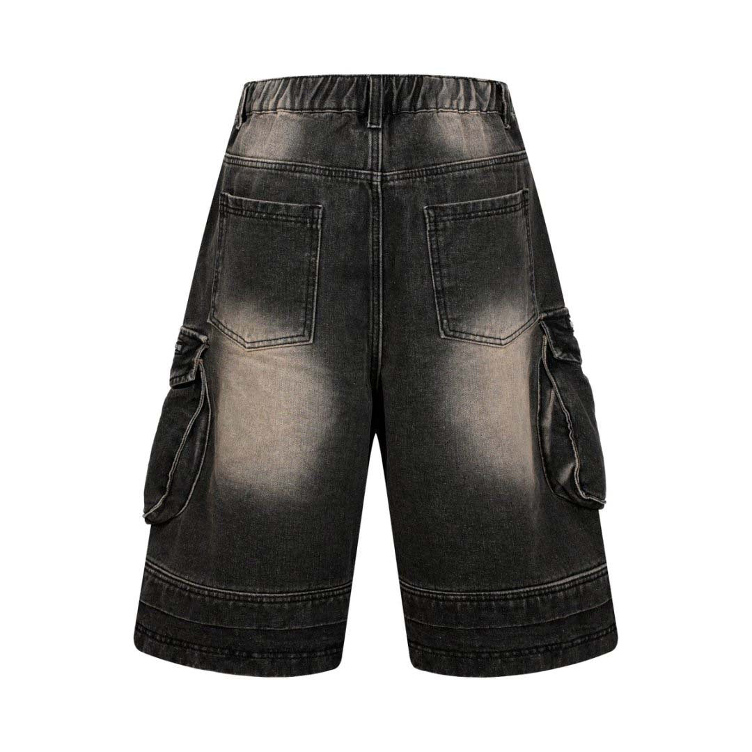 Washed Multi-Pocket Workwear Denim Shorts - Unisex Loose Fit